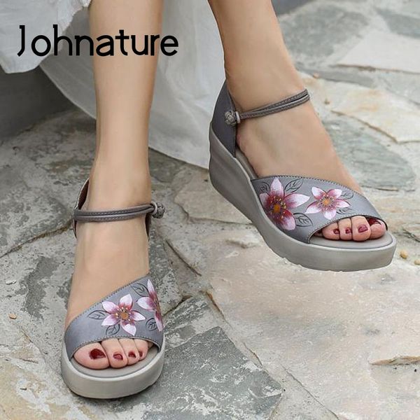 

johnature genuine leather women shoes 2020 new summer sandals buckle strap print retro casual wedges platform ladies sandals, Black