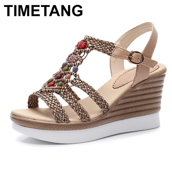 

timetang2020summer new rope high heel platform sandals wedge with national wind weaving beaded shoes women, Black