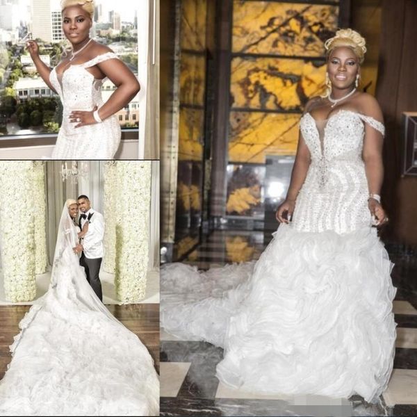 

luxury ruffles mermaid wedding dresses off the shoulder beaded cathedral train organza sheer neck lace applique wedding bridal gown, White
