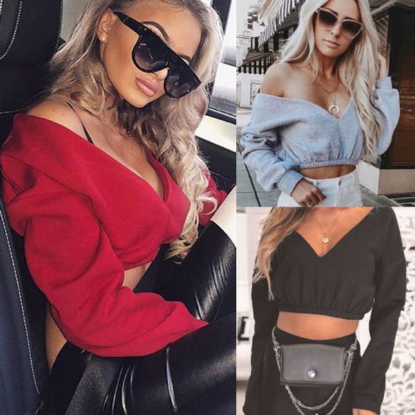 

women crop hoodies long sleeve casual sweatshirts female deep-v neck off shoulder street wear, Black