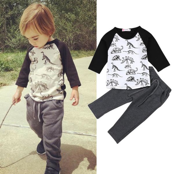 

toddler kids boy dinosaur t-shirt autumn +pants outfits clothes set 2-7y, White
