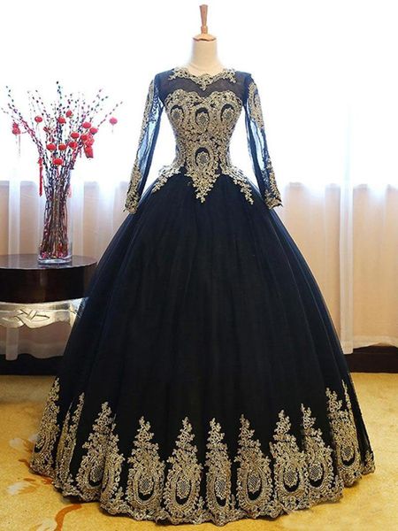 Os mais recentes Black Gold Lace Quinceanera Vestidos Plus Size Sheer mangas compridas Corset Voltar Tulle doce 16 do partido da bola Vestido de Noite Prom Dress