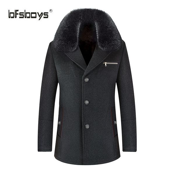 

bfsboys new fashion brand jacket men wool coat men real fur collars pea coats long wool & blends winter coat m-3xl, Black