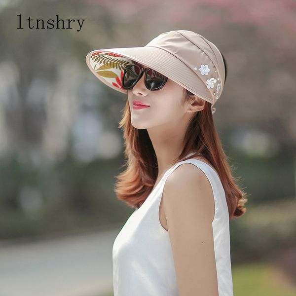 

women sun hats women foldable new uv protection pearl sun visor hat with big heads wide brim female outdoor cap sunscreen, Blue;gray