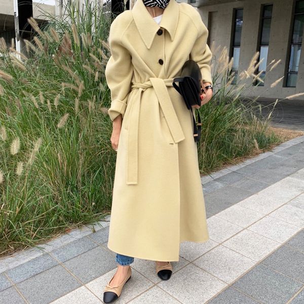 

ewq] 2019 autumn new korea style long-sleeved single-breasted tie loose woolen coats trend ladies winter coat women wool ql382, Black