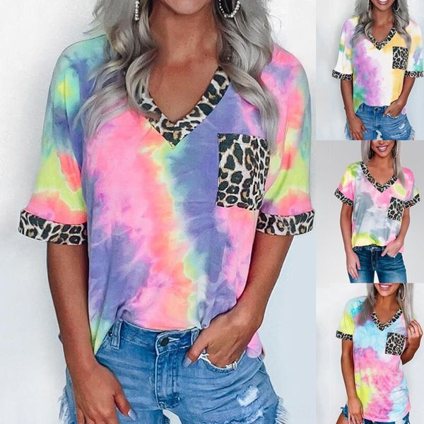 

2020 women's tie-dyed leopard-print stitched pocket v-neck short-sleeved 2020 women's t-shirt headdress headdress tie-dyed leopard, White