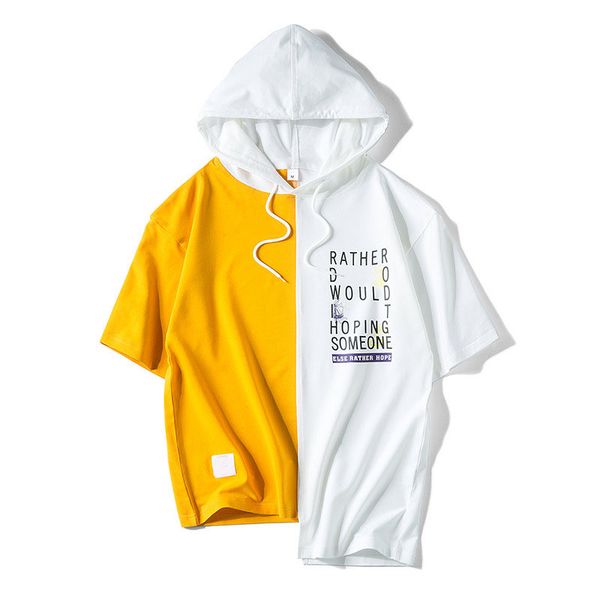 

2019 summer short-sleeved t-shirt male breathable five-point sleeve trend casual hooded english color matching sleeve, White;black