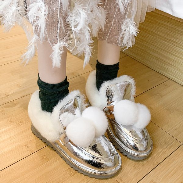 

shiny glitter snow boots women slip on ankle boots thick plush winter shoes ladies cute hairball decoration black silver