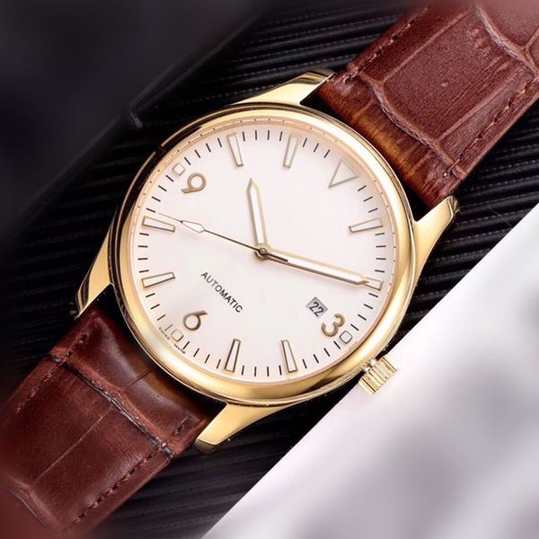 

automatic watches mens japan 8215 movement stainless steel case white lettering sapphire glass mirror brown leather pin buckle strap 394, Slivery;brown