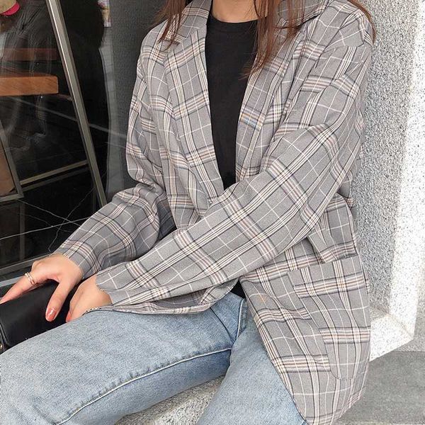 

hzirip formal plaid blazer vintage women jacket elegant korean style loose single breasted suit blazer ladies outerwear coat, White;black