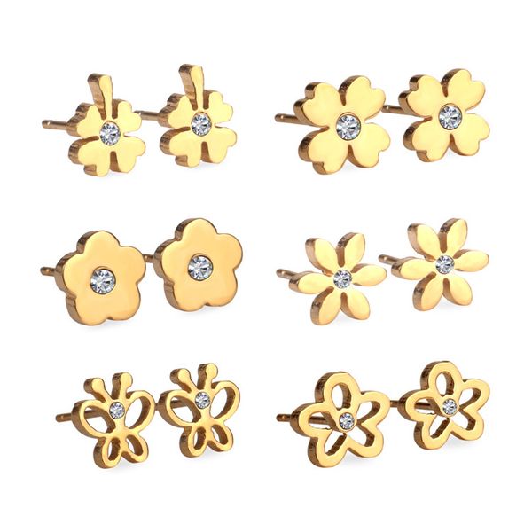 

luxukisskids new 6pairs/box stainless steel mixed stud earrings with crystal cubic zirconia fashion earrings women jewelry, Golden;silver