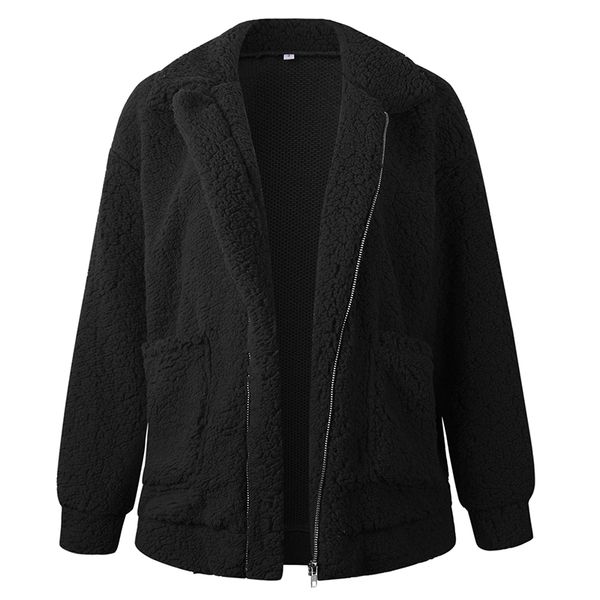 

2019 ladies coat casual loose zipper warm fluffy pocket outwear cardigan lapel plus size jacket, Black;brown