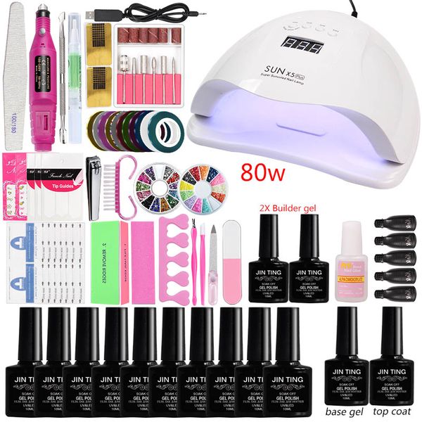 

manicure set nail kit extend the nails 36w/80w led uv lamp 10 color gel nail polish builder gel polish quick extension