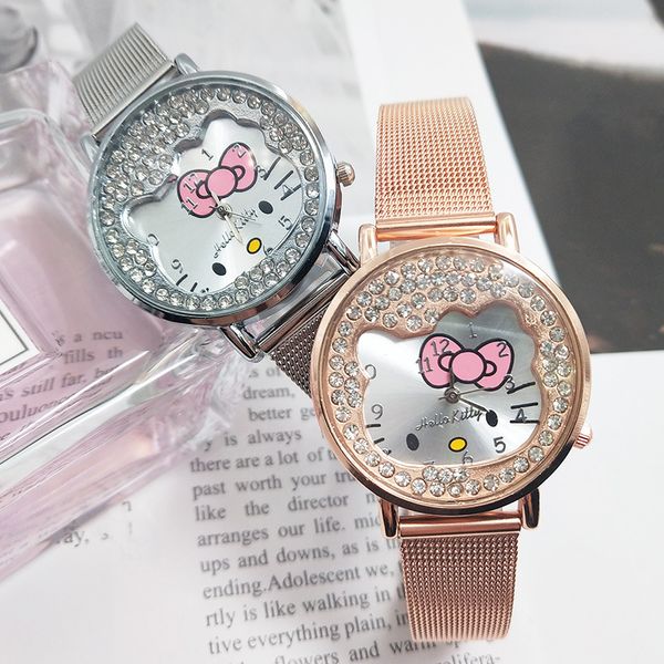

kt cat stainless steel belt diamond child watch girl student cartoon watch fashion cute children's watch, factory wholesale, Blue