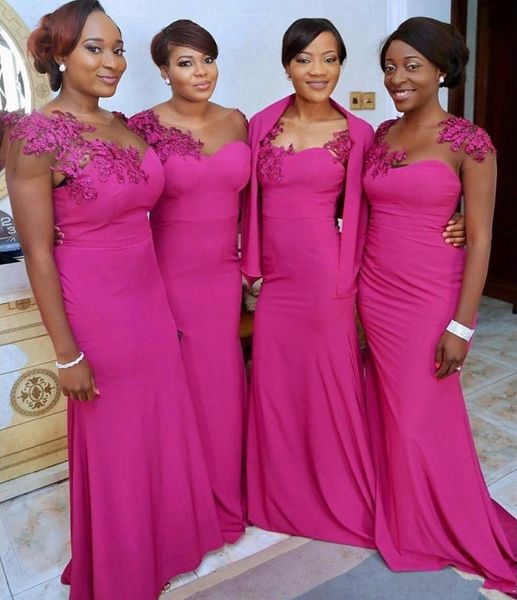 

african bridesmaids dresses mermaid bridal with fuchsia lace appliques sheer jewel neck chiffon sweep train elegant prom evening g1285611, White;pink