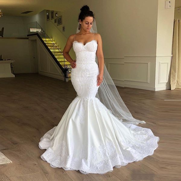 

spagehetti modest white lace mermaid plus size spring wedding dresses applique lace-up back bridal gowns 2019 robe de mariÃ©e abendkleider