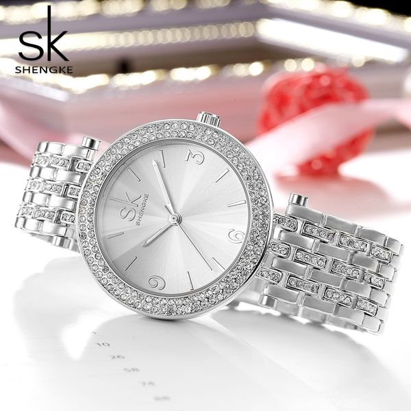 

gift sk luxury women watch crystal sliver dial fashion design bracelet watches ladies women wristwatch relogio feminino shengke cj191213, Slivery;brown