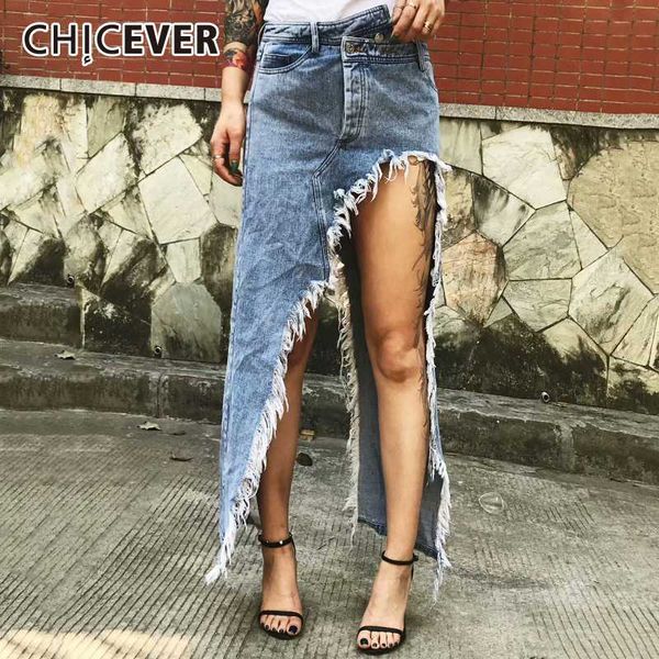 

chicever кисточкой джинсовой высокой талией юбка женщины сыпучие большой размер выдалбливают нерегулярные юбки женская мода новая одежда 202, Black