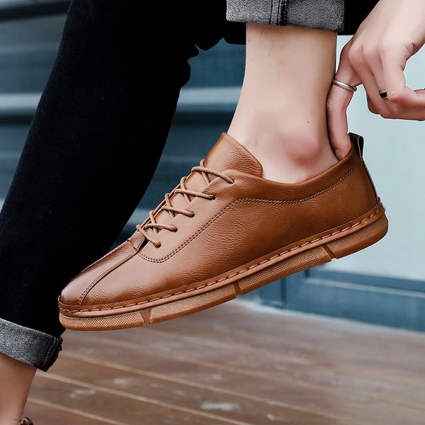 

nice new tide comfortable leather casual shoes men handmade vintage shoes flats lace-up zapatos de hombre sapato masculino, Black