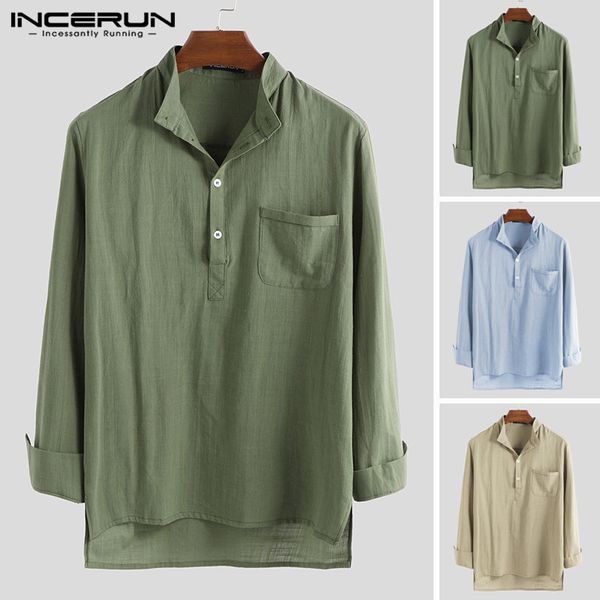 

incerun fashion men brand shirt long sleeve streetwear 2019 stand collar chic solid retro casual shirts men camisa masculina 3xl, White;black