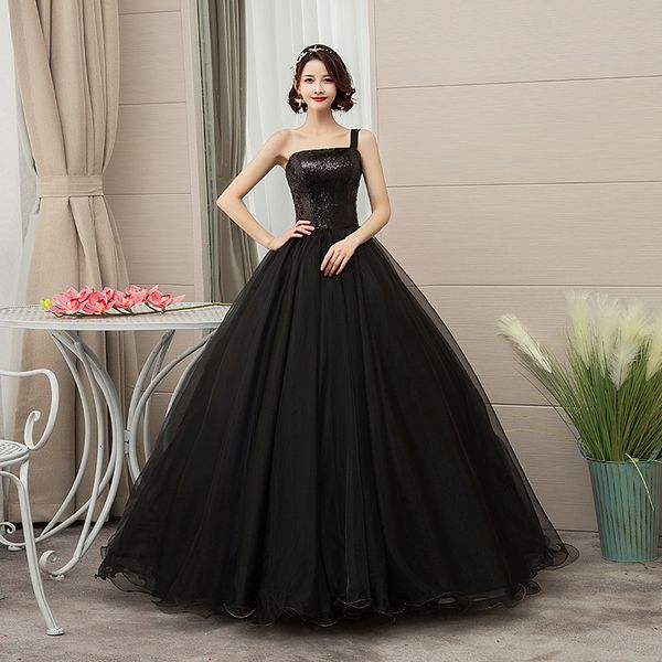 Abito da ballo nero Abiti da sposa gotici Una spalla Corsetto Indietro Principessa Lunghezza pavimento Abiti da sposa colorati vintage non bianchi Vendita