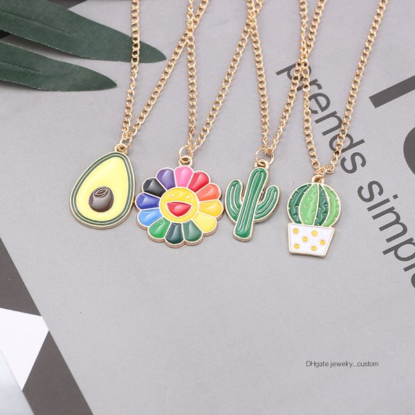 

cute sweet avocado necklace for women girls plant cactus sunflower avocado enamel pendant necklaces choker charm gift collares, Silver