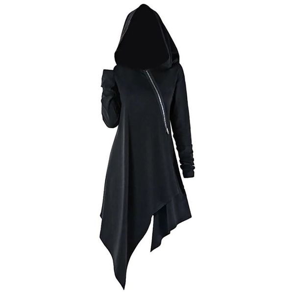 

hoodies women sweatshirt gothic solid witch hooded zipper long sleeve autumn winter pullover irregular sudadera mujer 2020, Black