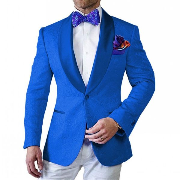 Yeni Geliş Erkekler Suit Royal Blue Desen Beyaz Damat smokin Şal Yaka Groomsmen Düğün En İyi Man 2 adet (Ceket + Pantolon + Kravat) L464