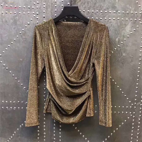 

золотая тенниска женщины v шеи обернутой ruched полиэстер топы sexy t shirt тонкого эластичный плюс размер s 3xl camiseta mujer t93592, White