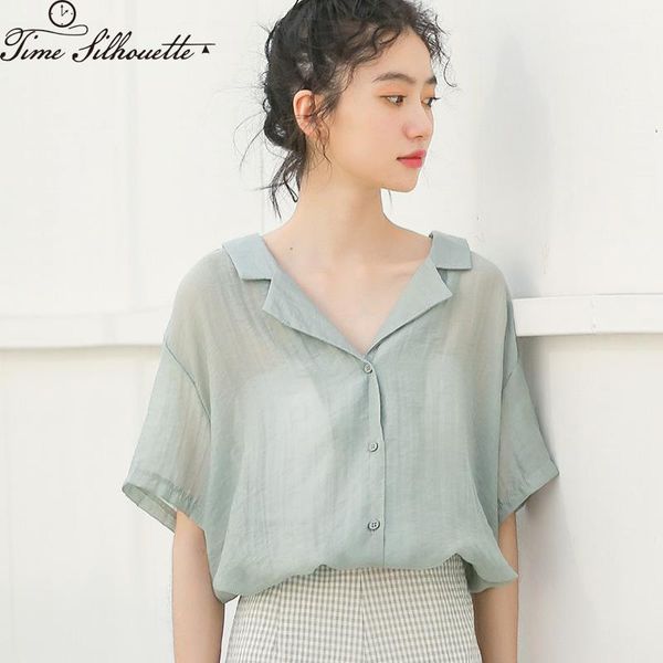 

lace up chiffon blouse short sleeve chic peter pan collar women's blouses 2020 summer fashion shirts light green m251, White