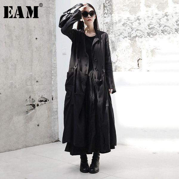 

eam] 2019 new autumn winter round neck long sleeve black buckle split joint loose long windbreaker women trench fashion jr485, Tan;black