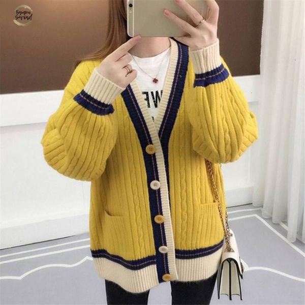 

woman sweater cardigan contrast color knitted coat long sleeve v neck jacket korean causal plus size cardigans 36412, White;black