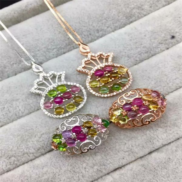 

tourmaline set of natural rose gold jewelry 925 silver pendants + ring jewelry two pieces, Black