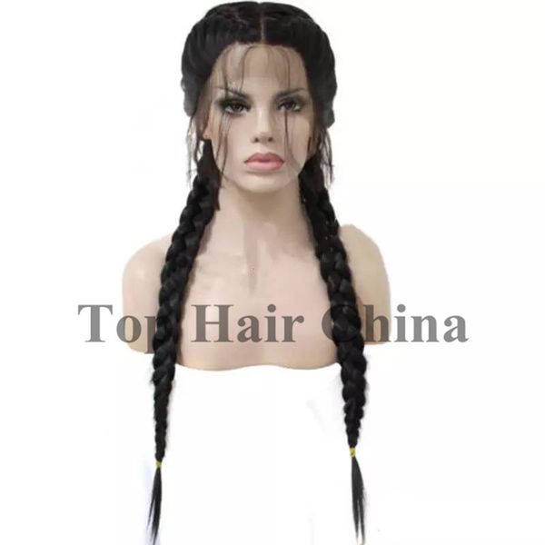 

black double braids synthetic braided lace front wig with baby hair wig heat resistant fiber middle part