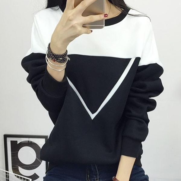 

winter new fashion black and white spell color patchwork hoodies women v pattern pullover sweatshirt female tracksuit breathable m-xxl