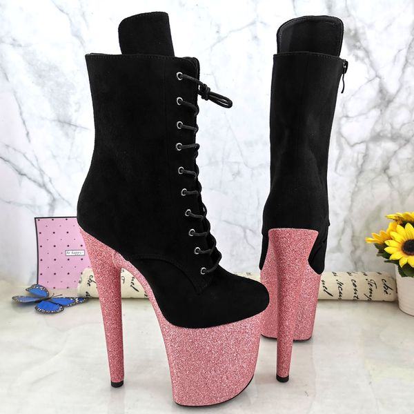 

leecabe 20cm/8inch pink glitter platform with black suede upper high heel pole dance shoes