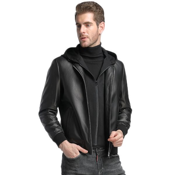 

Men clothing outerwear faux leather coat datchable hooded 100 genuine leather heep kin 2018 cu tom made black leather coat