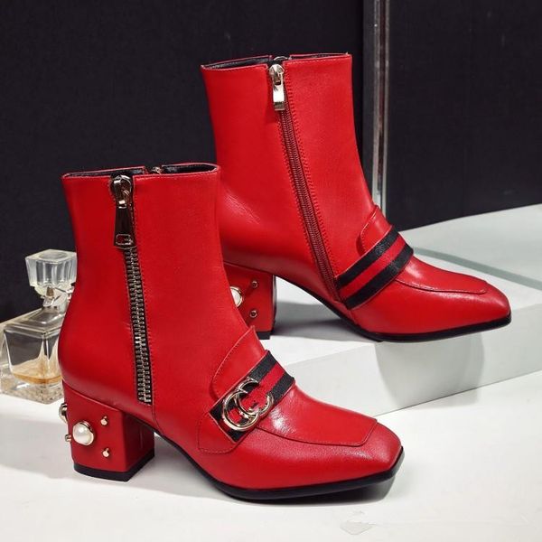 

spring autumn casuals women half boots with zipper flats laides brand shoes black red roman boots med heel chunky pearl soft leather boots