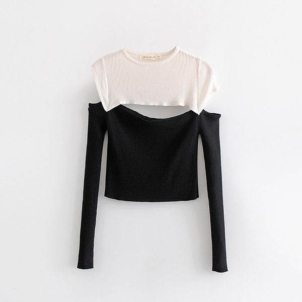 

women's sweaters 2021 winter autumn open shoulder knitted sweater female o-neck white black pullover see through
