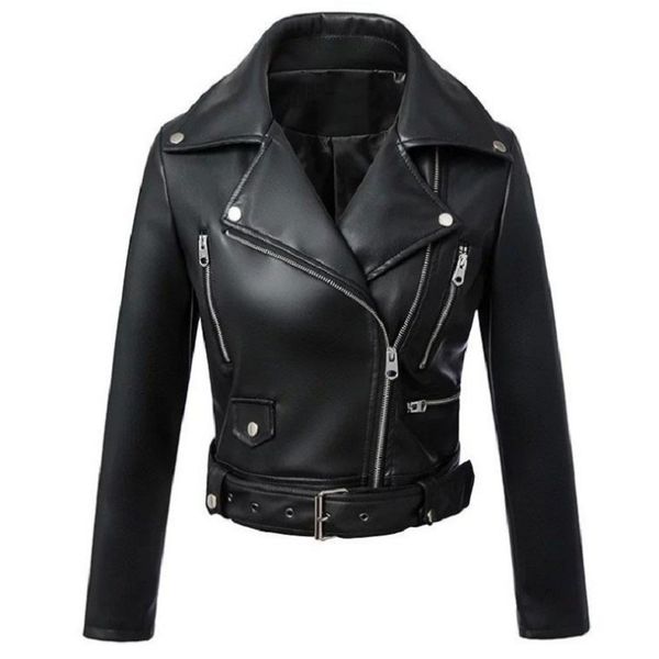 

2019 new fashion women autumn winter black faux pu leather jackets zipper basic coat turn-down collar biker jackets with belt