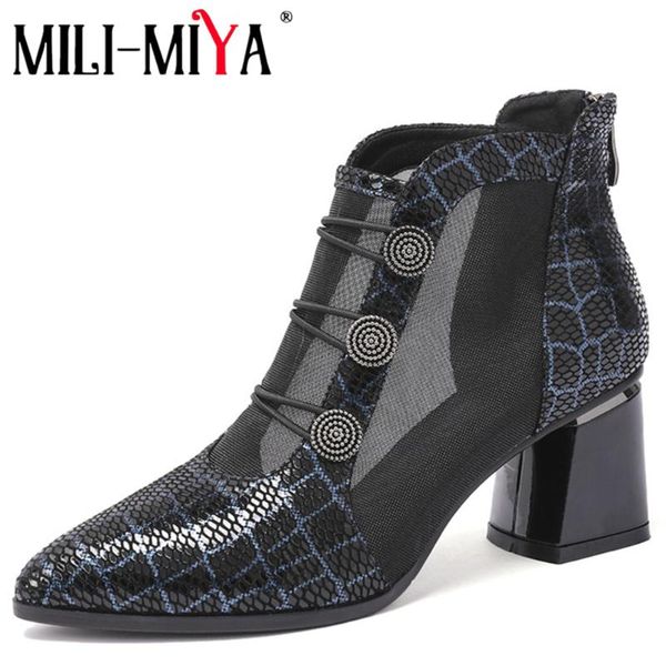 

mili-miya new design women boots sheepskin snake pattern pointed toe square heels cool boots zipper breathable shoes for ladies, Black