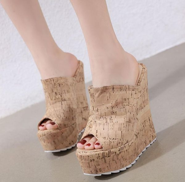 

size 35 to 42 nature wind beige wooden grain super high heel platform wedge mules designer shoes slides designer sandals, Black