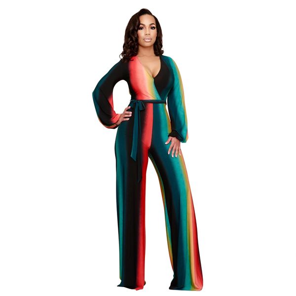 

printed jumpsuit women deep v long sleeve wide legs plus size jumpsuits bandage elegant casual colorful holiday clothes, Black;white