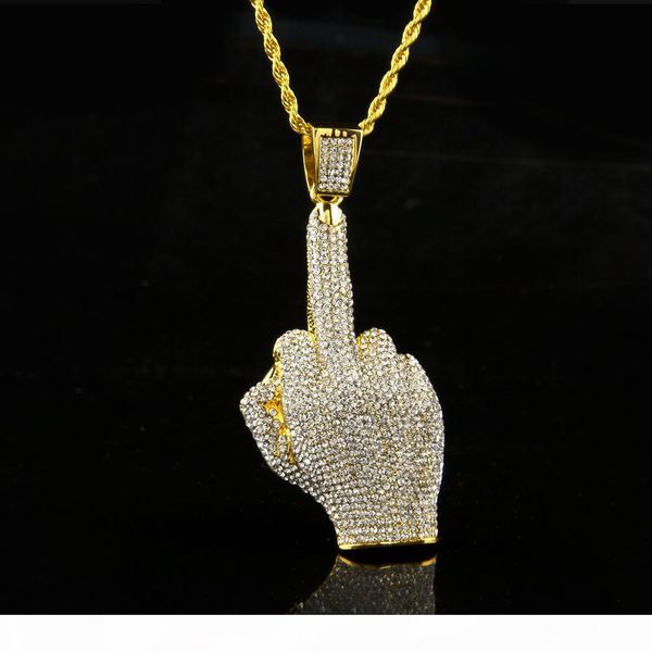 

hip hop men gold color full rhinestone big middle finger pendants necklaces with 30inch long twist chain for mens jewelry, Silver