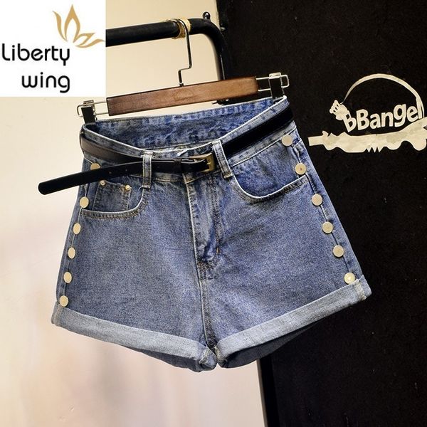 

summer punk style high waist rivet female denim korean crimping streetwear loose fit a-line casual wide leg shorts, White;black