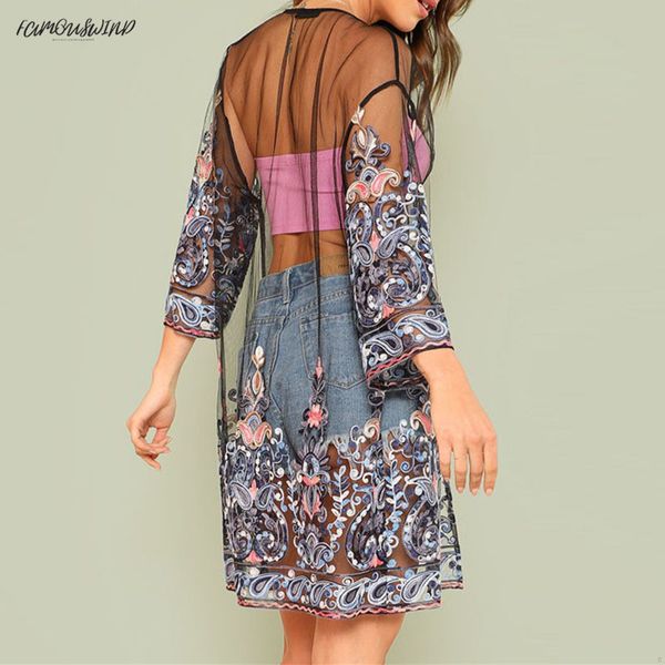 

loose women 3/4 sleeve mesh embroidered floral see through blouse kimono cardigan summer women beach holiday blouses shirt, White