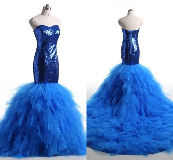 

royal blue sequins satin tulle evening prom dresses mermaid strapless open back ruffle special occasion dress women long formal gowns, Black;red