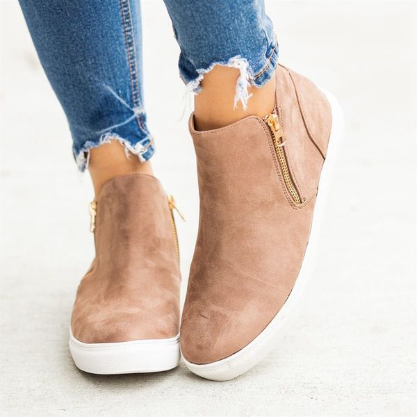 

litthing women vulcanize shoes comfort leather ankle shoes ladies zipper flat casual fashion sneakers plus size, Black