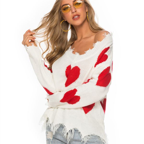 

autumn winter sweet love heart pattern sweater women casual loose tassel sweater ladies v-neck ripped knitted pullovers female, White;black