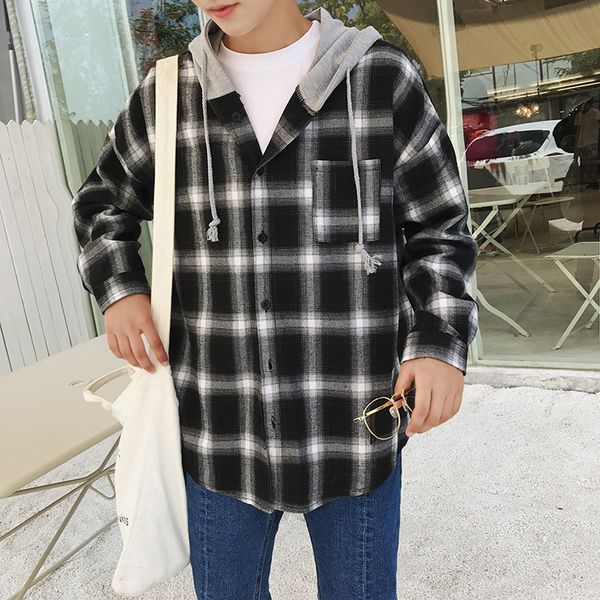 

2019 spring and autumn new shirt long-sleeved hooded shirt hong kong male students wearing jacket black / red / blue -5xl, White;black